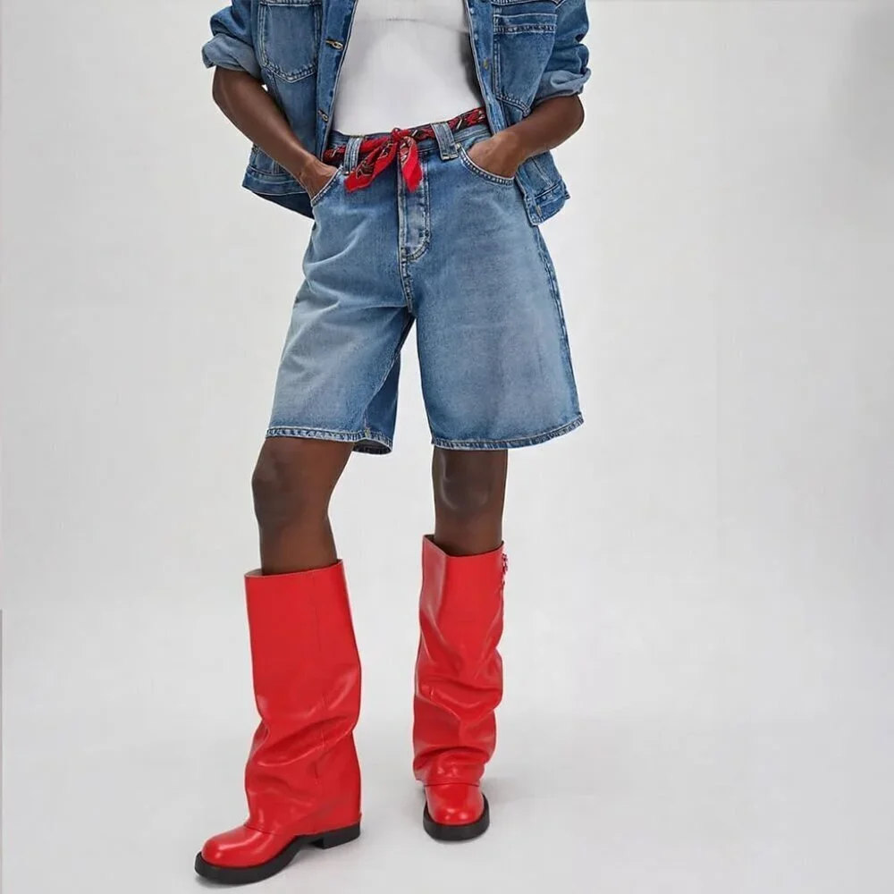 Women's Red Fall Slouchy Fold Over Tall Boots Motorcycle Zipper Fashion Buckle